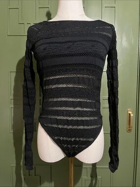 FP Movement by Free People Black Sheer Stripe Long-Sleeve Bodysuit